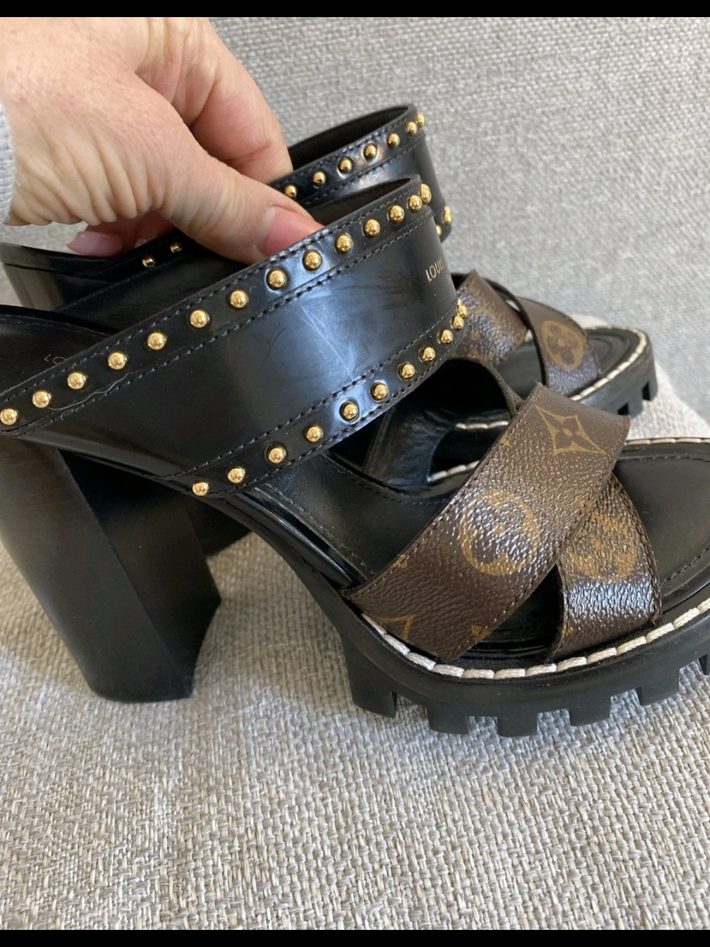 Louis Vuitton Black & Brown Monogram Studded Platform Sandals Eu 37.5 - Picture 5 of 13